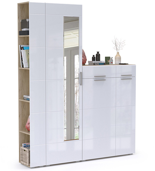 Лайн Прихожая № 12, цвет дуб крафт серый/фасады МДФ белый глянец, ШхГхВ 167х35х210 см., универсальная сборка