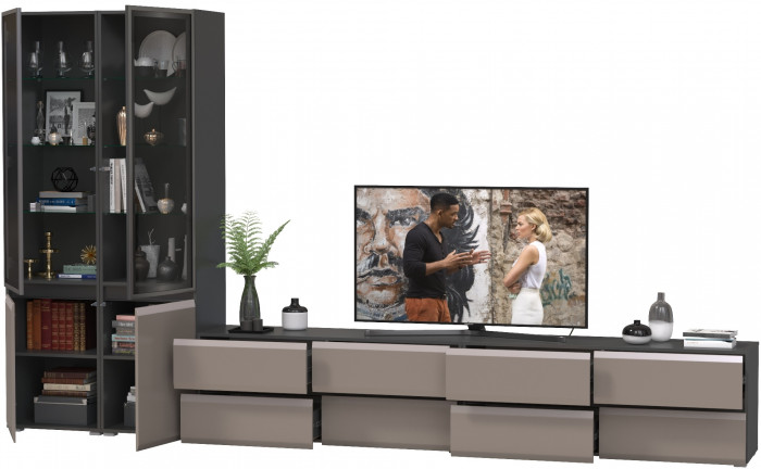 Сидней Комплектация № 130, цвет корпус: антрацит/фасады: МДФ веллюто капучино, ШхГхВ 359,8х41,3х205,2 см., универсальня сборка