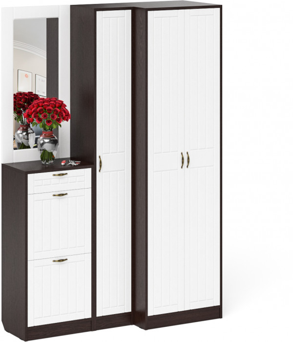 Прихожая П-6 Компоновка № 29, венге/фасады МДФ белое дерево фрезеровка прованс