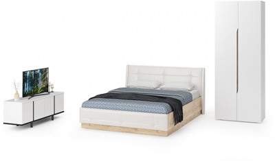 Муссон Спальня № 08, цвет белый/дуб эндгрейн элегантный/искусственная кожа белая, подъёмный ортопед, сп. м. 1600х2000 мм., б/м