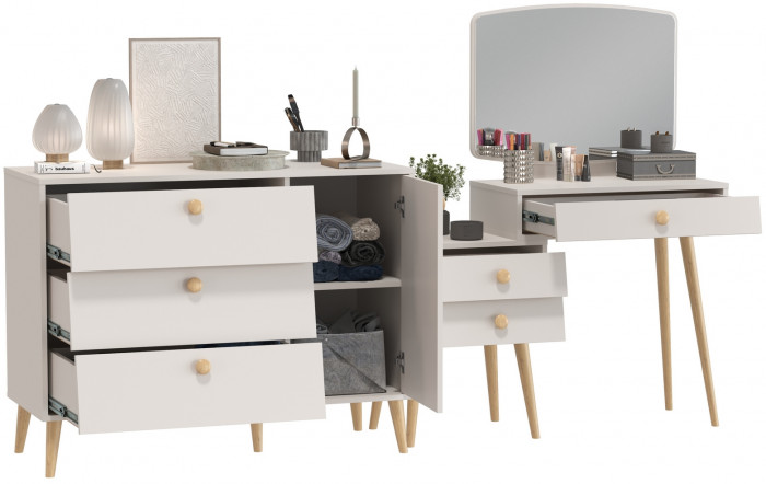 Афина Спальня Трюмо + Комод с дверкой и тремя ящиками, кашемир серый