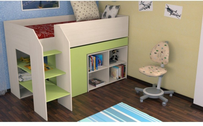 Детская кровать-чердак Теремок-2, Дуб молочный / Салатовый