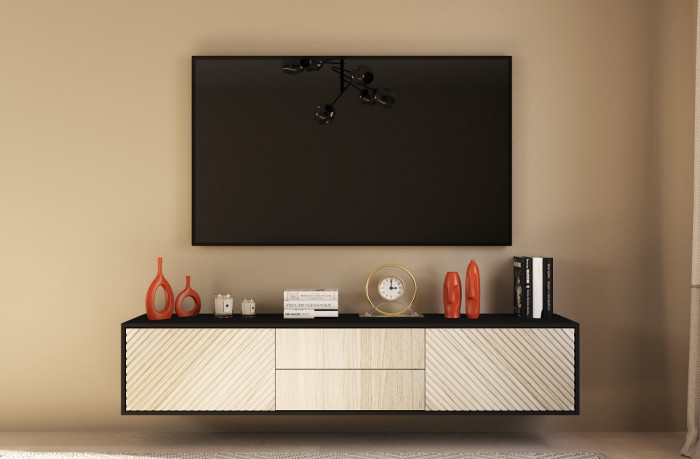 Тумба под телевизор "Шелтон" - Черный/Дуб сиена белый