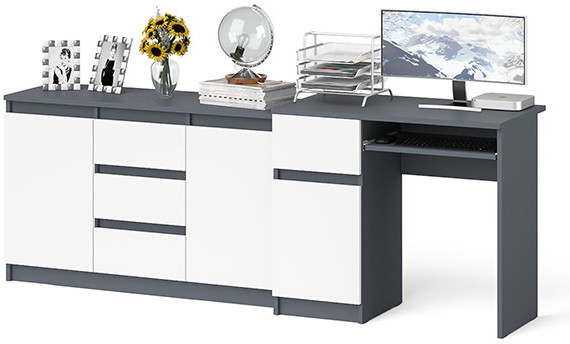 Мори компьютерный стол МС-1 левый + Комод МК1200.3, графит/белый