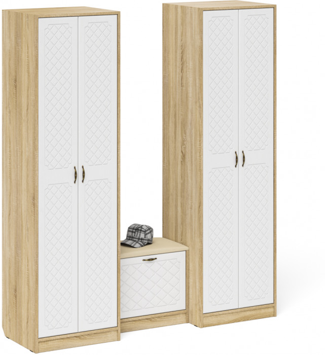 Прихожая П-6 Компоновка № 07, дуб сонома/фасады МДФ белое дерево фрезеровка ромб