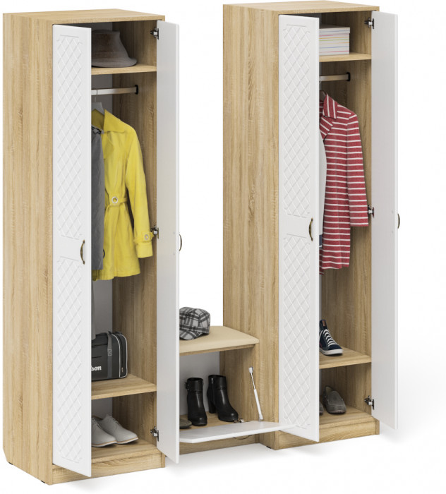 Прихожая П-6 Компоновка № 07, дуб сонома/фасады МДФ белое дерево фрезеровка ромб