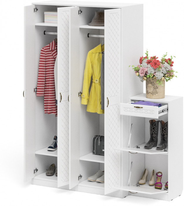 Прихожая П-6 Компоновка № 13, цвет белая шагрень/фасады МДФ белое дерево фрезеровка ромб, ШхГхВ 170х50х210 см., универсальная сборка