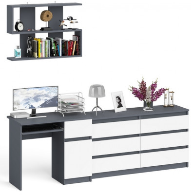 Мори компьютерный стол МС-1 правый + Комод МК1380.6 + Полка 900, графит/белый
