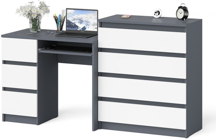 Мори компьютерный стол МС-6 левый + Комод МК800.4, графит/белый