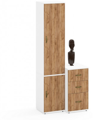 Лидер-8 Пенал МД 21Б + Тумба МД 3.16, цвет белый шагрень/крафт золото, ШхГхВ 80х50х190 см., универсальная сборка