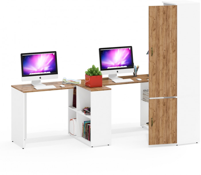 Лидер-8 Стол + Стол + Пенал МД 21Б, цвет белый шагрень/крафт золото, ШхГхВ 370х50/37,5х75/190 или 230х120/50х75/190 см., НЕ универсальная сборка