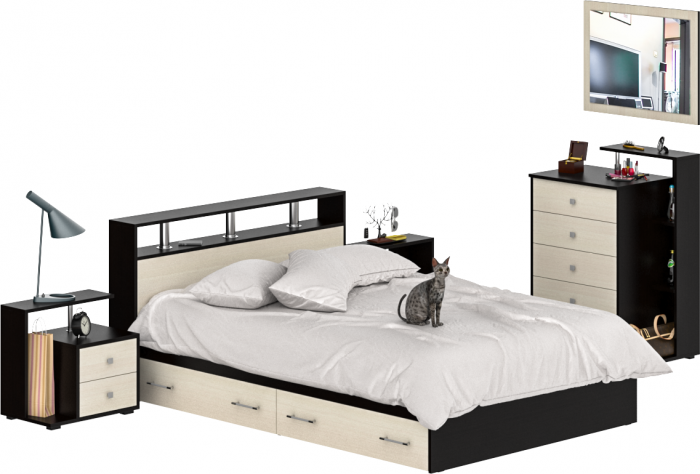 Камелия спальня № 12 Кровать с ящиками 1400 + Две тумбы + Комод + Зеркало, венге/дуб лоредо