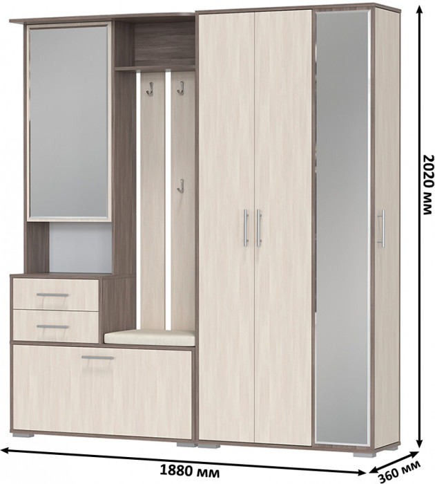 Прихожая Домино 5, цвет бодега тёмный/бодега светлый, ШхГхВ 188х36х202 см., универсальная сборка