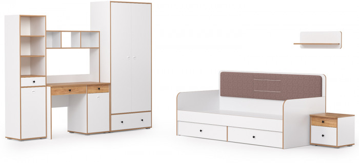 Вуди Компоновка № 35, цвет белый премиум/дуб крафт золотой/саванна латте, сп. м. 900х2000 мм., б/м, основание есть, матрас высотой до 200 мм.