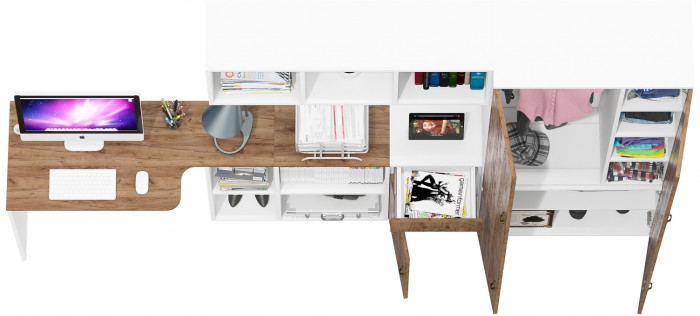 Лидер-8 Стол + Полка + Тумба МД 3.15 + Шкаф МД 20Б, белый шагрень/крафт золото