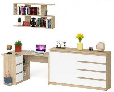 Мори компьютерный стол МС-16 левый + Комод МК1600.1 + Полка 1200, дуб сонома/белый
