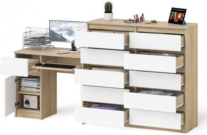 Мори Стол компьютерный МС-1 левый + Комод МК1200.10, цвет дуб сонома/белый, ШхГхВ 210,4х50х115 см., выдвижной ящик слева, НЕ универсальная сборка