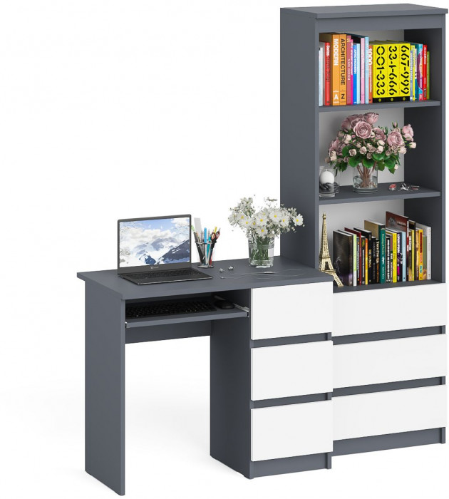 Мори компьютерный стол МС-6 правый + Стеллаж МСТ600.3, графит/белый