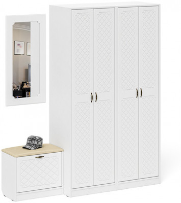 Прихожая П-6 Компоновка № 08, белая шагрень/фасады МДФ белое дерево фрезеровка ромб