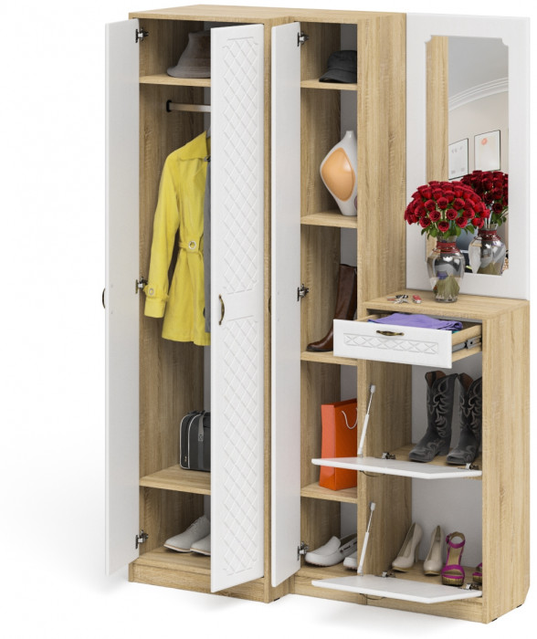 Прихожая П-6 Компоновка № 29, дуб сонома/фасады МДФ белое дерево фрезеровка ромб