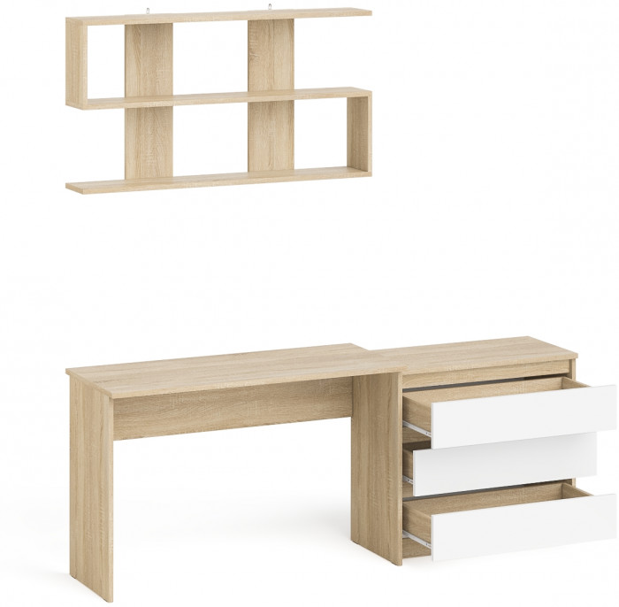 Мори Стол письменный МСП1200.1 + Комод МК800.1 + Полка 1200, цвет дуб сонома/белый, ШхГхВ 200,8х50х209,6 см., универсальная сборка