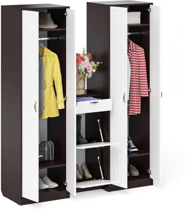 Прихожая П-6 Компоновка № 13, цвет венге/фасады МДФ белое дерево фрезеровка прованс, ШхГхВ 170х50х210 см., универсальная сборка