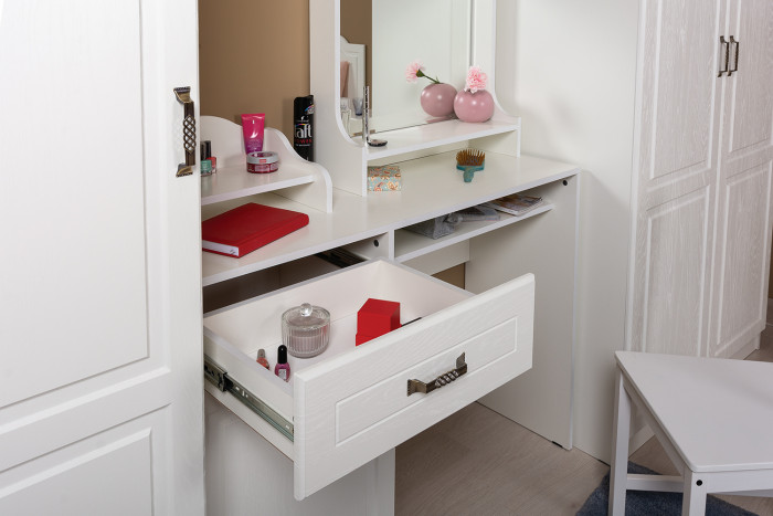 Ливерпуль Стол туалетный 12.46 + Полка 10.118 + Полка 10.117 + Пуф 14.02, ясень ваниль/белый