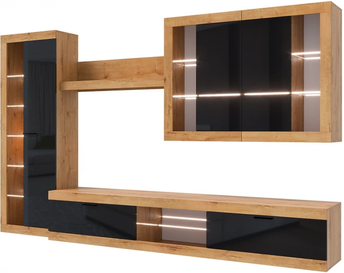 Прага Модульная Гостиная, вариант №2, вотан/Черный глянец