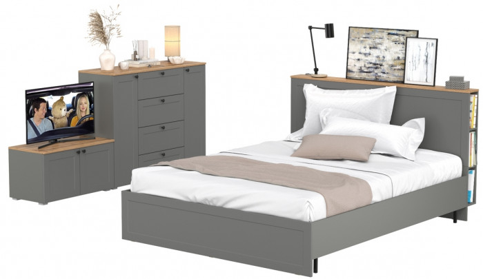 Остин 11.53 Кровать + ортопед + 16.221 Комод + 13.257 Тумба, серый графит/дуб крафт золотой