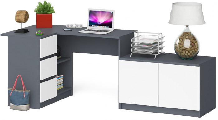 Мори Стол компьютерный МС-16 левый + Тумба МА900.1, цвет графит/белый, ШхГхВ 214,8х84,9х76,6 см., выдвижные ящики слева, НЕ универсальная сборка