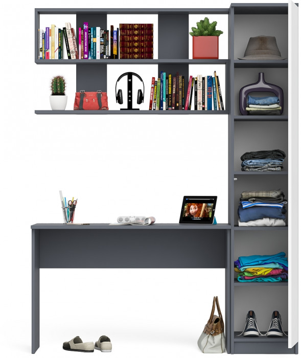 Мори Стол письменный МСП1200.1 + Пенал МШ400.1 + Полка 1200, цвет графит/белый, ШхГхВ 160,8х50,4х209,6 см., универсальная сборка