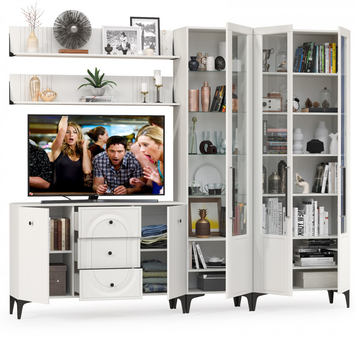 Валенсия Гостиная № 116, цвет ЛДСП белый шагрень/МДФ белый шагрень, ШхГхВ 272,3х38,4х225,2 см., универсальная сборка