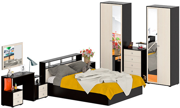 Камелия спальня № 3 Кровать 1600 + Две тумбы + Стол косметич. + Зеркало + Комод + Шкаф 4-х, цвет венге/дуб лоредо, сп.м. 1600х2000 мм., б/м, осн. есть