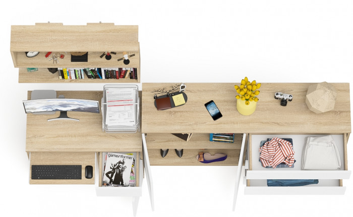 Мори компьютерный стол МС-1 правый + Комод МК1600.1 + Полка 900, дуб сонома/белый