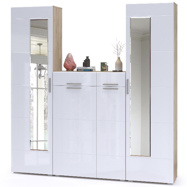 Лайн Прихожая № 15, цвет дуб крафт серый/фасады МДФ белый глянец, ШхГхВ 200х35х210 см., универсальная сборка