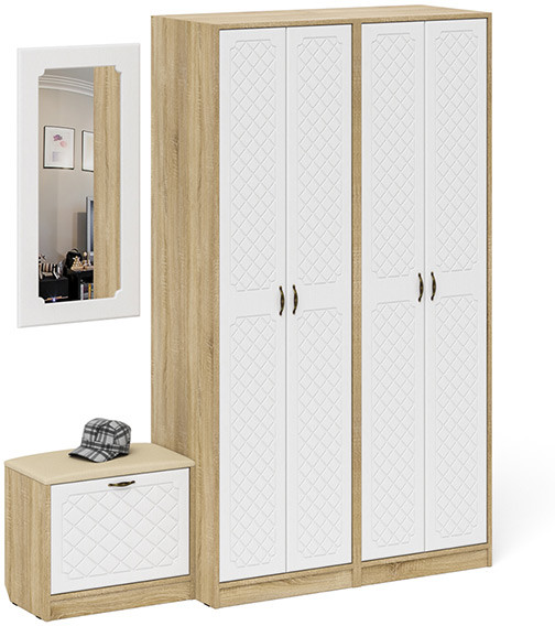 Прихожая П-6 Компоновка № 08, дуб сонома/фасады МДФ белое дерево фрезеровка ромб