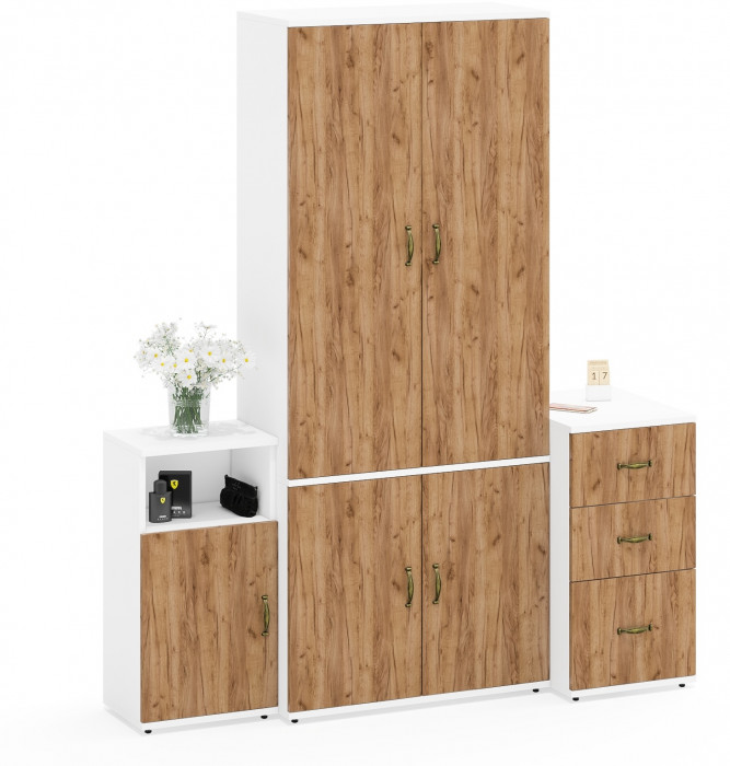 Лидер-8 Шкаф МД 20Б + Тумба МД 3.16 + Тумба МД 3.19, белый шагрень/крафт золото