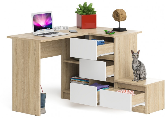 Мори компьютерный стол МС-16 правый + Тумба ТМП400.1, дуб сонома/белый