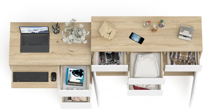 Мори компьютерный стол МС-6 правый + Комод МК1200.4, дуб сонома/белый