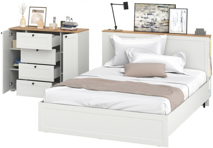 Остин 11.53 Кровать + ортопед + 16.221 Комод, белый шагрень/дуб крафт золотой