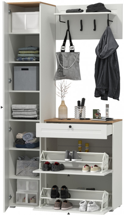 Остин Прихожая 23, цвет белый шагрень/дуб крафт золотой, ШхГхВ 120х54,3х229,6 см., универсальная сборка