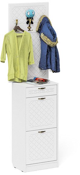 Прихожая П-6 Тумба для обуви 2 секции + Вешалка, белая шагрень/фасады МДФ белое дерево фрезеровка ромб