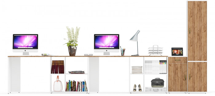 Лидер-8 Стол + Стол + Пенал МД 22Б + Тумба МД 3.15, белый шагрень/крафт золото