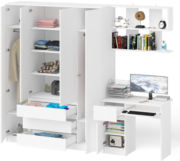 Мори компьютерный стол МС-1 левый + Шкаф МШ1600.1 + Полка 900, белый