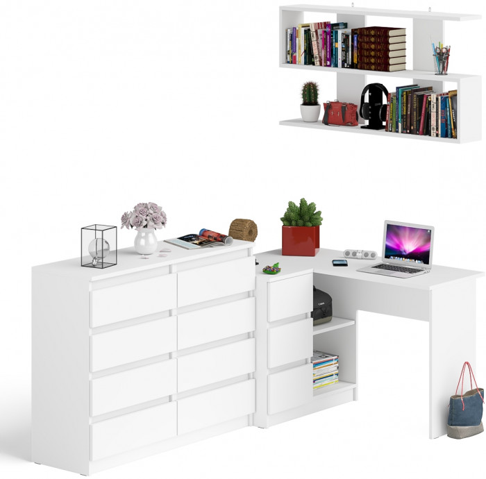 Мори компьютерный стол МС-16 левый + Комод МК1200.8 + Полка 1200, белый