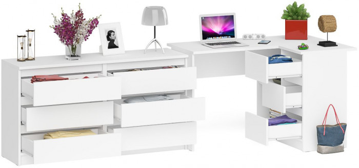 Мори компьютерный стол МС-16 правый + Комод МК1380.6, белый
