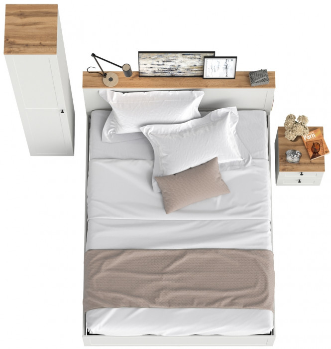 Остин 11.53 Кровать + ортопед + 13.227 Шкаф-пенал + 16.152 Тумба прикроватная, белый шагрень/дуб крафт золотой