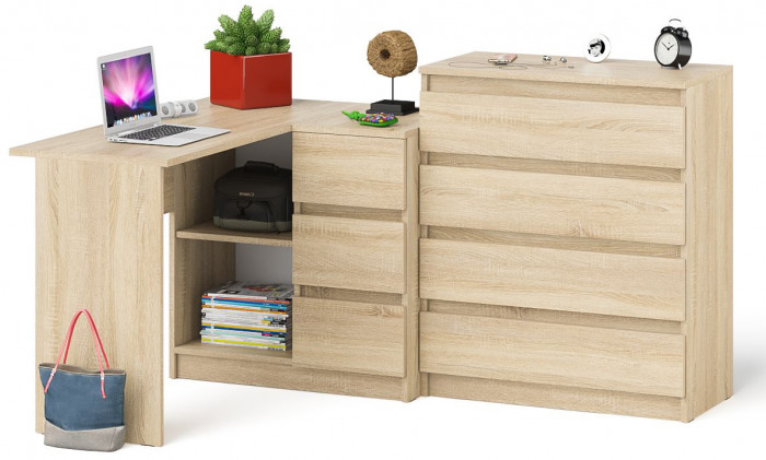 Мори компьютерный стол МС-16 правый + Комод МК800.4, дуб сонома