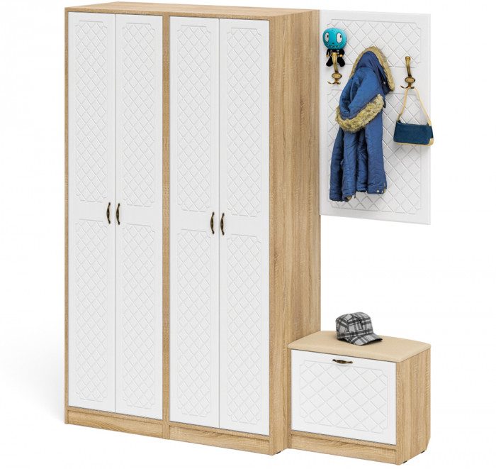 Прихожая П-6 Компоновка № 09, дуб сонома/фасады МДФ белое дерево фрезеровка ромб