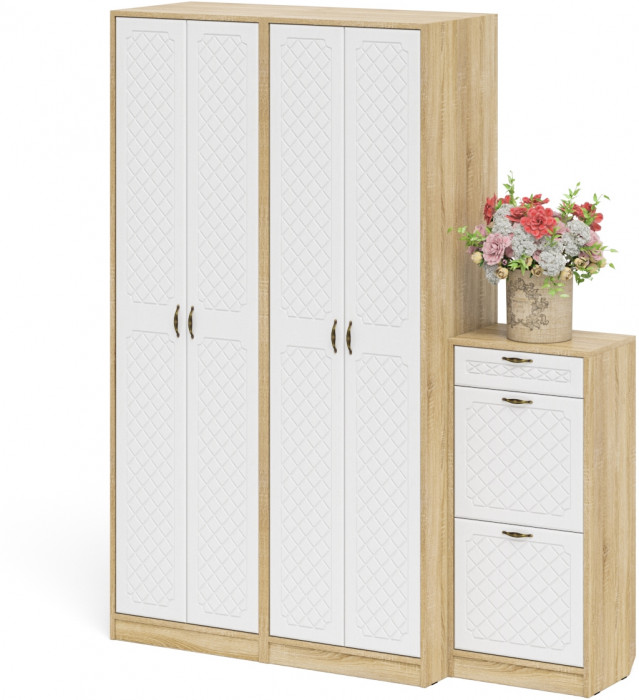 Прихожая П-6 Компоновка № 13, цвет дуб сонома/фасады МДФ белое дерево фрезеровка ромб, ШхГхВ 170х50х210 см., универсальная сборка